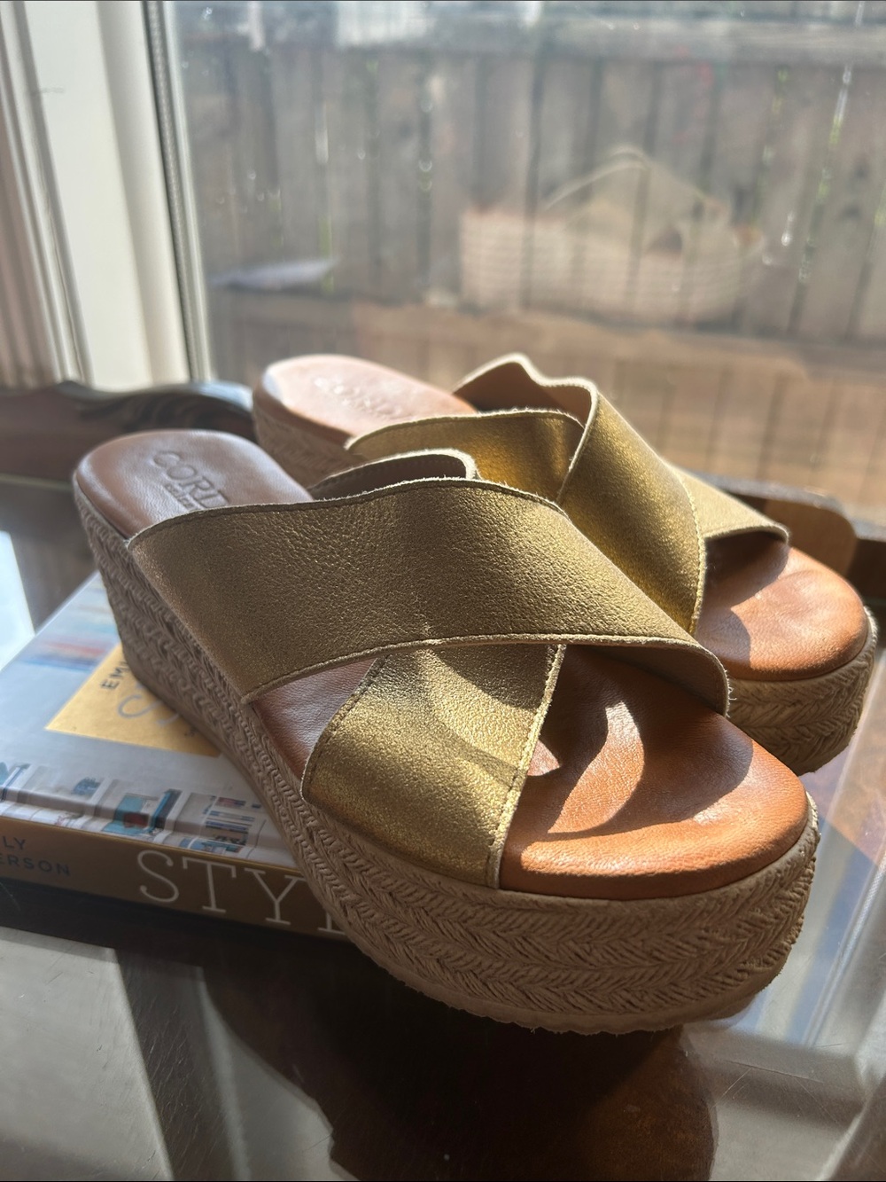 Cordani Gold MetalicCrisscross Wedge Slides